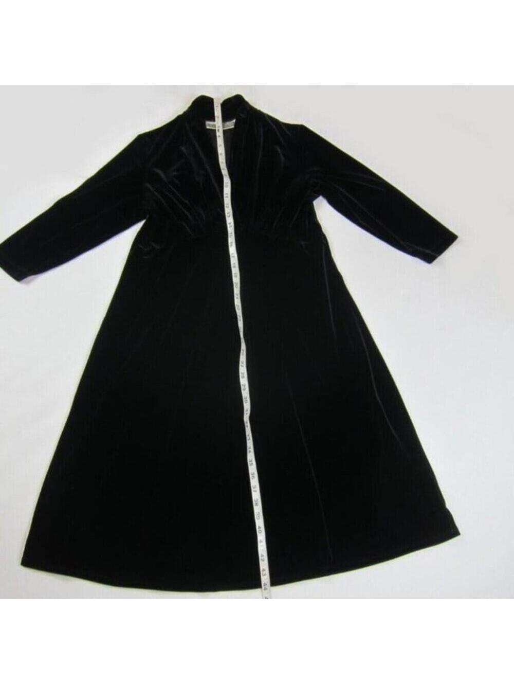George Simonton Black Velvet Ruched Midi Dress Medium LBD V-neck 3/4 Sleeves - Picture 9 of 10